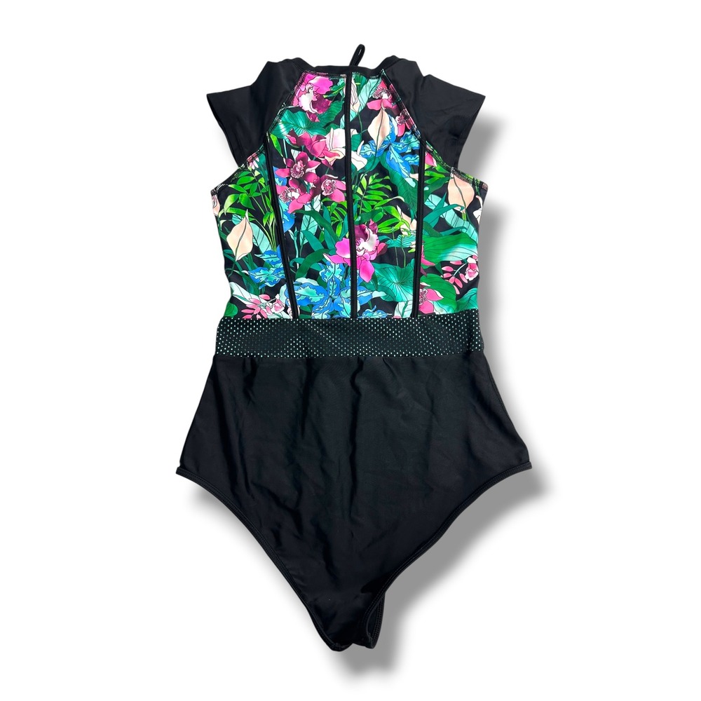 Body Glove One Piece Swimsuit Womens Small Black Floral Front Zip Surf - Picture 3 of 6